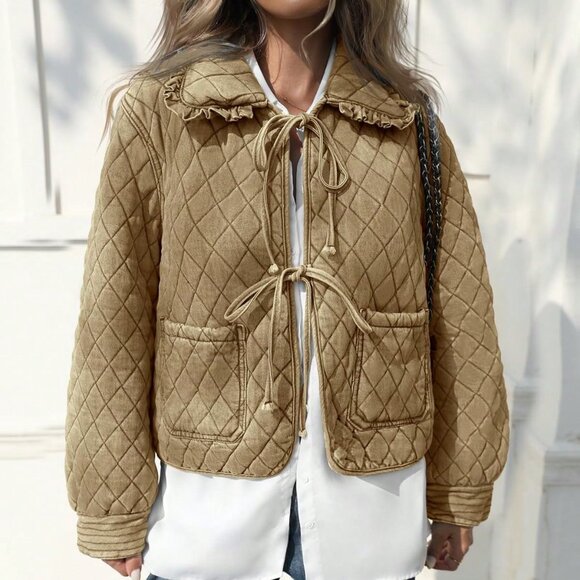 Khaki Casual Women's Cropped Denim Puffer Jacket - Picture 4 of 4